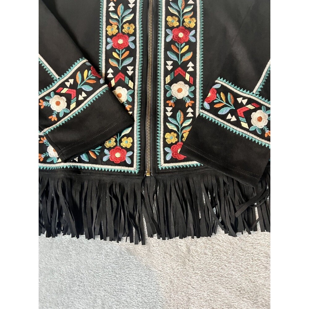 Savannah Jane Black Sued Fring Zip Up Jacket Floral Embroidery Boho Womens Large - Picture 2 of 8